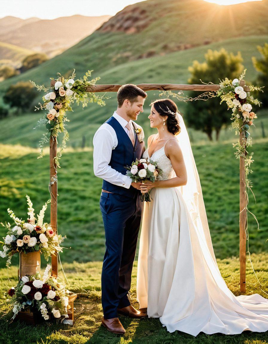 A beautifully arranged outdoor wedding ceremony showcasing unique decor themes, featuring vintage floral arrangements, soft string lights, and a picturesque backdrop of rolling hills at sunset. A couple exchanging vows, surrounded by their loved ones, with a focus on the emotional expressions and gentle touches that convey their love story. Emphasize warm colors and intimate atmosphere to evoke timeless romance. super-realistic. vibrant colors. soft focus.