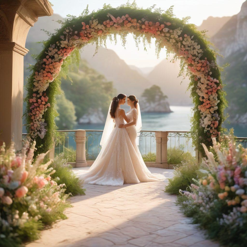 A beautifully arranged wedding scene featuring a dreamy outdoor ceremony with an intricately decorated archway adorned with flowers and greenery, elegant bridal gown with lace details, soft pastel color palette, romantic lighting effects, and happy guests in elegant attire. super-realistic. vibrant colors. bright background.
