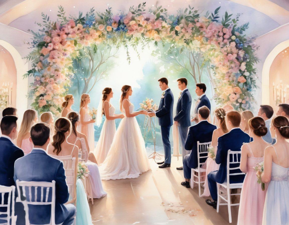A romantic wedding scene featuring a beautiful couple exchanging vows under a floral arch, surrounded by friends and family. Soft pastel colors dominate the image, with twinkling fairy lights in the background and a table elegantly set for a reception with candles and delicate centerpieces. The atmosphere is dreamy and ethereal, evoking joy and celebration. watercolor painting. soft focus. pastel colors.